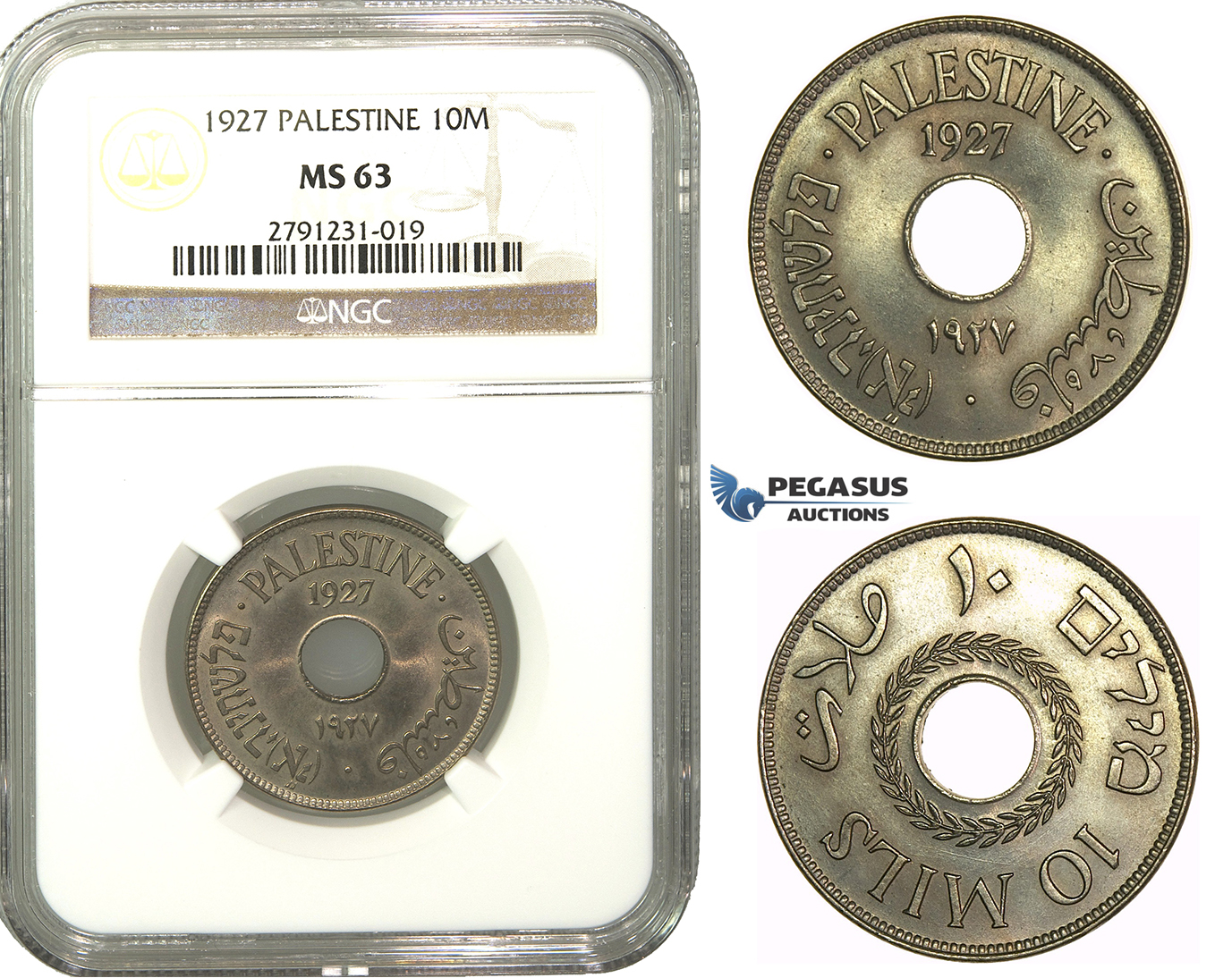 M15, Palestine, 10 Mils 1927, NGC MS63