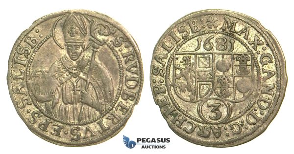 M18, Austria, Salzburg, Maximilian Gandolph, 3 Kreuzer 1681, Silver, Nice!
