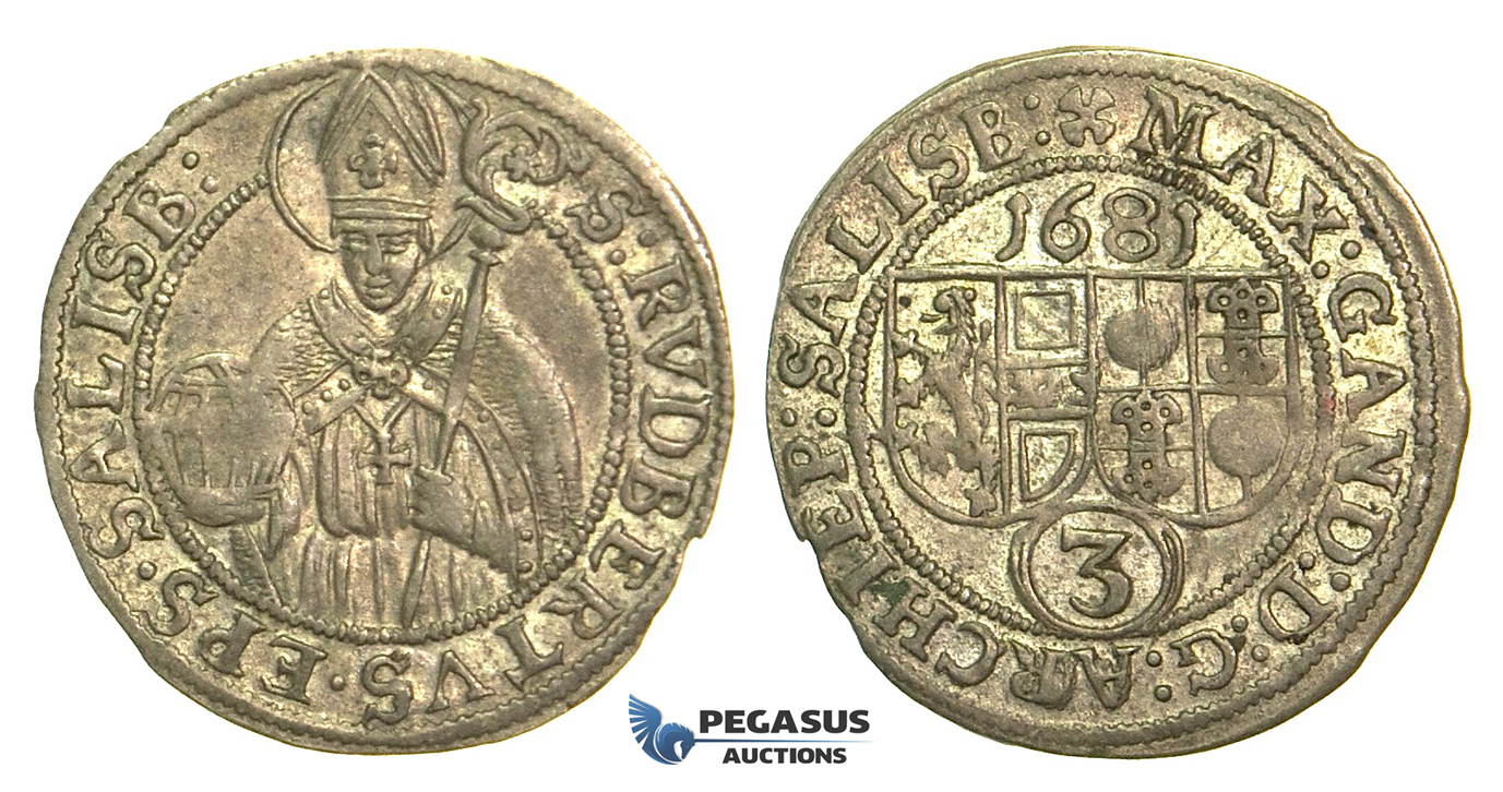 M18, Austria, Salzburg, Maximilian Gandolph, 3 Kreuzer 1681, Silver, Nice!