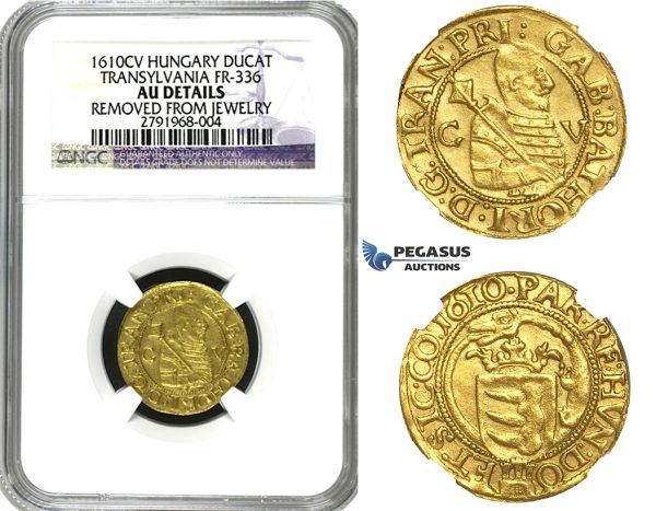 M30, Transylvania, Gabriel Bathori, Ducat 1610 C-V, Klausenburg, Gold (3.53g) Rare! NGC AU Det.