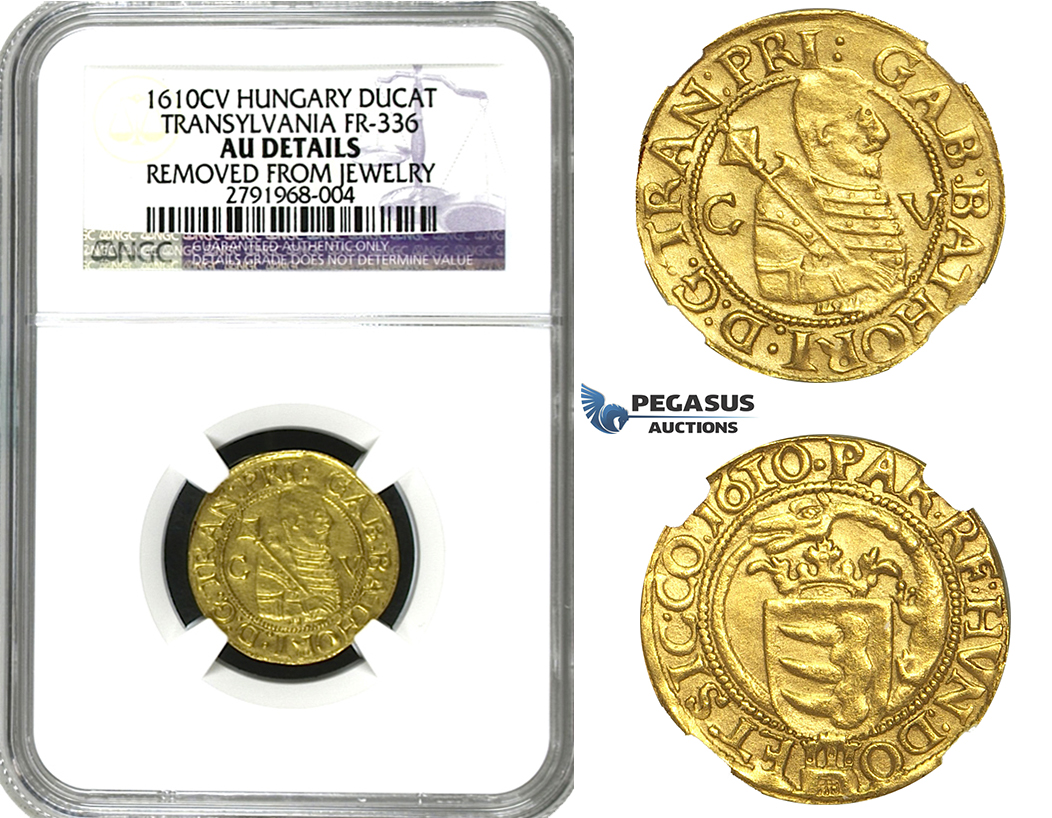 M30, Transylvania, Gabriel Bathori, Ducat 1610 C-V, Klausenburg, Gold (3.53g) Rare! NGC AU Det.