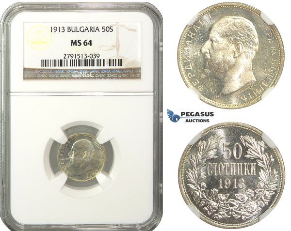 M32, Bulgaria, Ferdinand I, 50 Stotinki 1913, Silver, NGC MS64