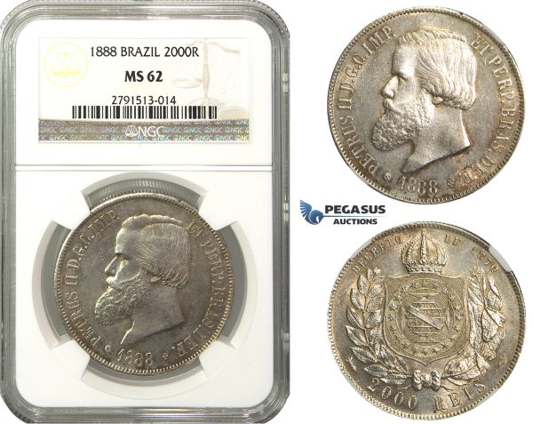 M34, Brazil, Pedro II, 2000 Reis 1888, Silver, NGC MS62