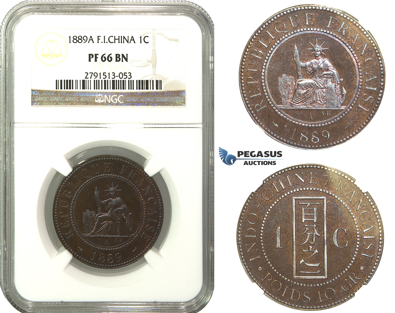 M46, French Indo-China (Vietnam) 1 Centime 1889-A, Paris, NGC PF66BN (Pop 1/1, Finest) Rare!