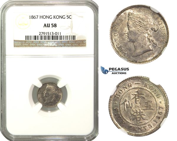 M51, Hong Kong, Voctoria, 5 Cents 1867, Silver, NGC AU58