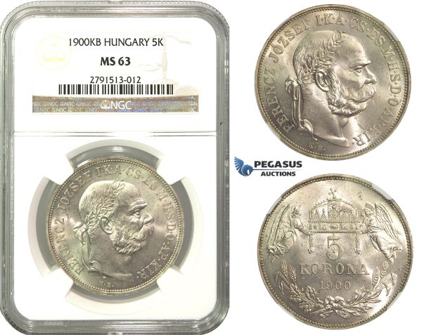M52, Hungary, Franz Joseph, 5 Korona 1900, Kremnitz, Silver, NGC MS63