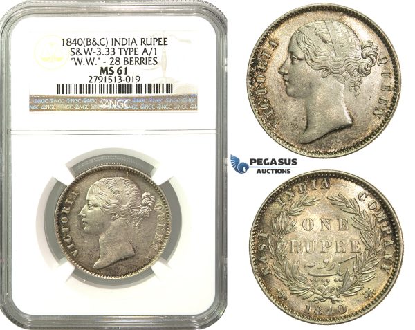 M53, East India Company, Victoria, Rupee 1840 (B&C) SW 3.33, 28 Berries, Silver, NGC MS61