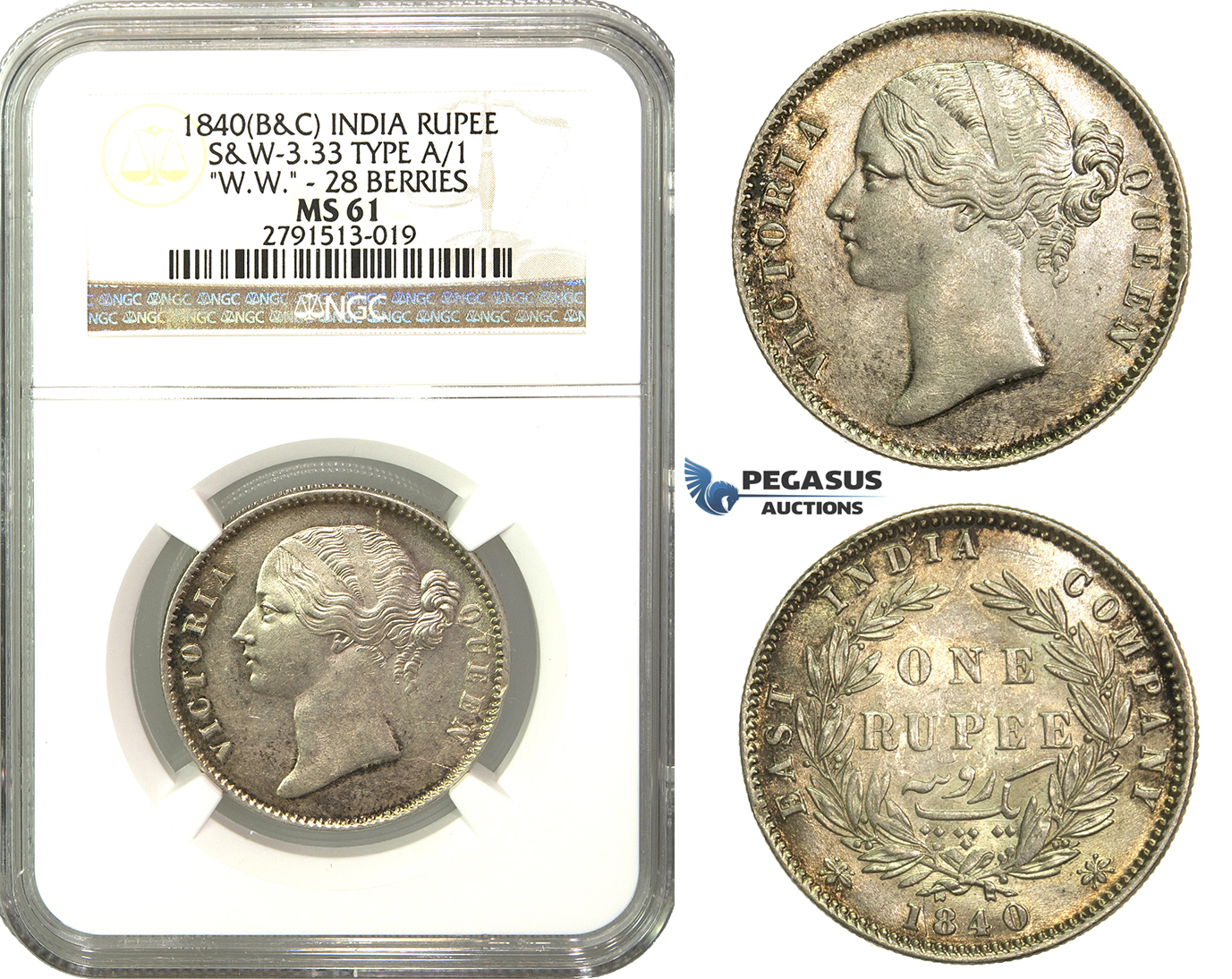 M53, East India Company, Victoria, Rupee 1840 (B&C) SW 3.33, 28 Berries, Silver, NGC MS61