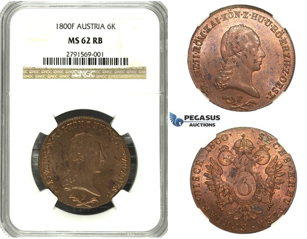 M63, Austria, Francisc II, 6 Kreuzer 1800-F, Hall, NGC MS62RB