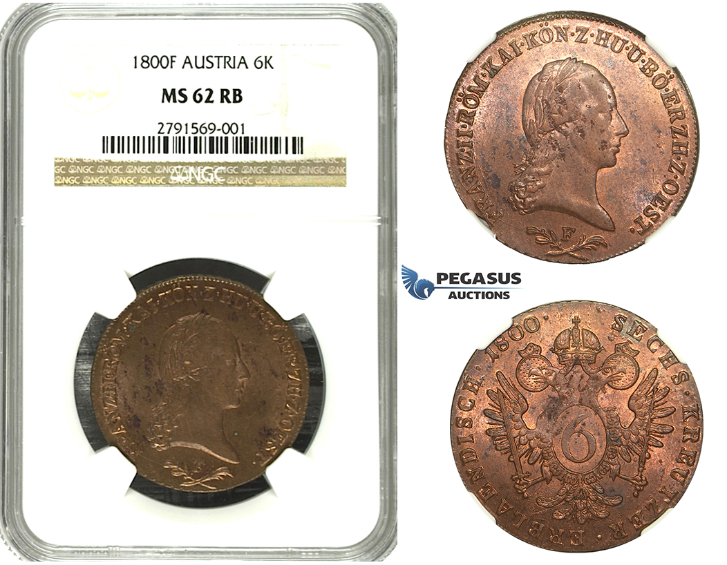 M63, Austria, Francisc II, 6 Kreuzer 1800-F, Hall, NGC MS62RB