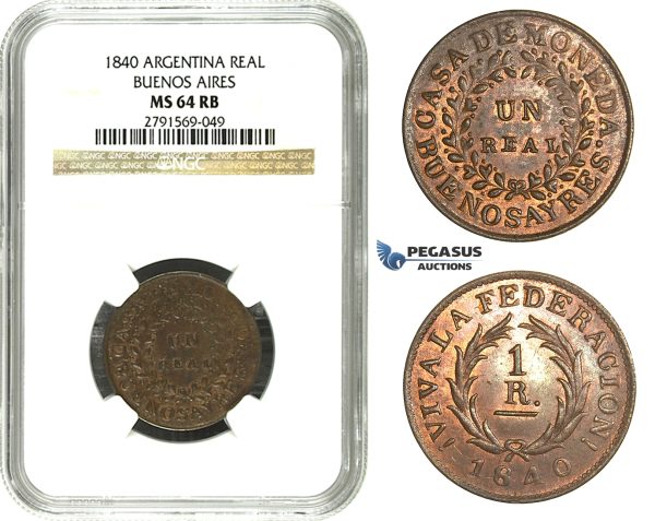 M64, Argentina, Buenos Aires, Real 1840, NGC MS64RB (Pop 1/1, Finest)