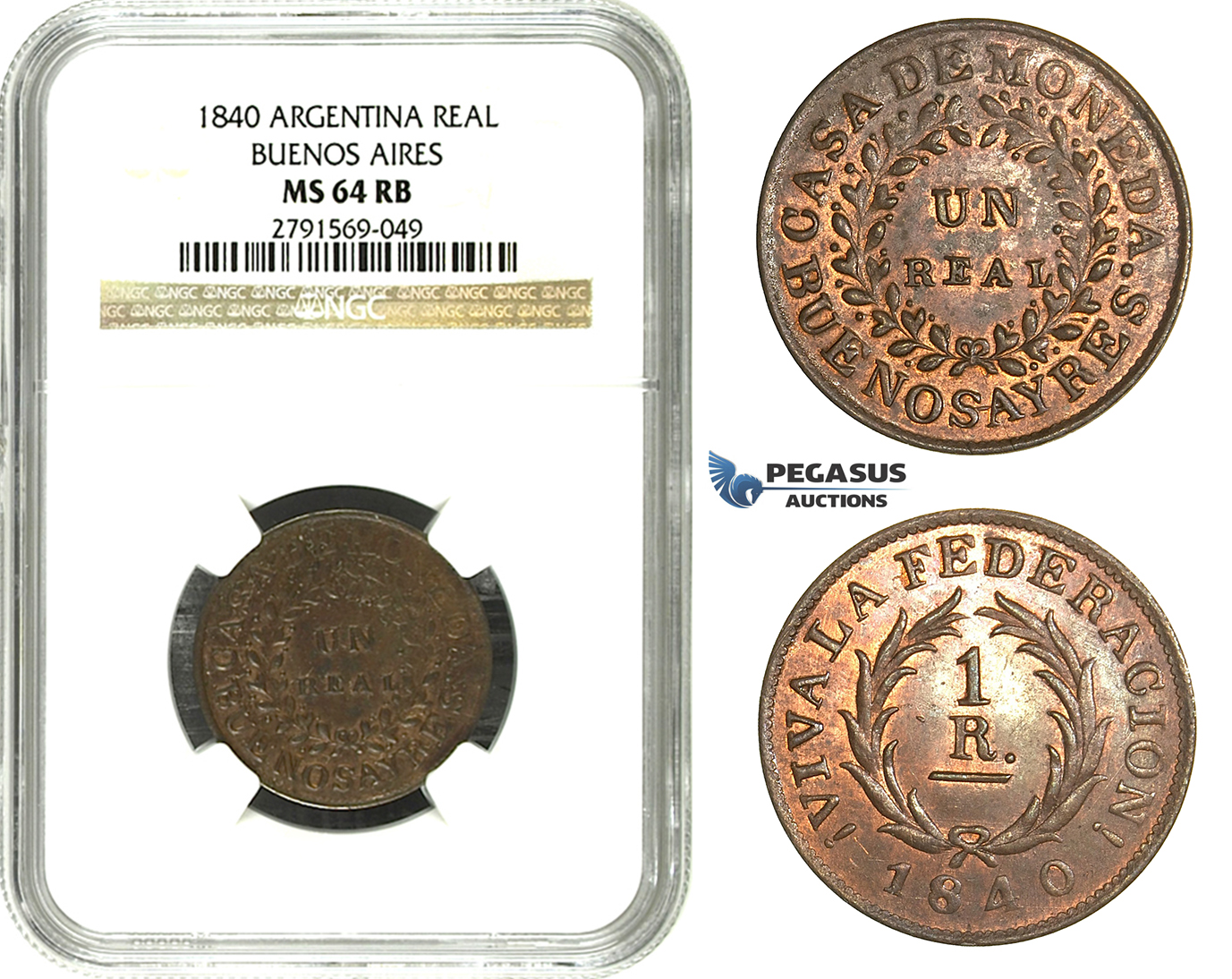 M64, Argentina, Buenos Aires, Real 1840, NGC MS64RB (Pop 1/1, Finest)