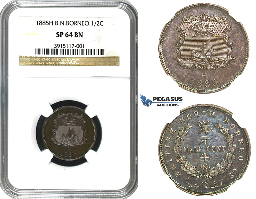 M66, British North Borneo, 1/2 Cent 1885-H, Heaton, NGC SP64BN (Pop 1/1, first to be graded "SP") Very Rare!