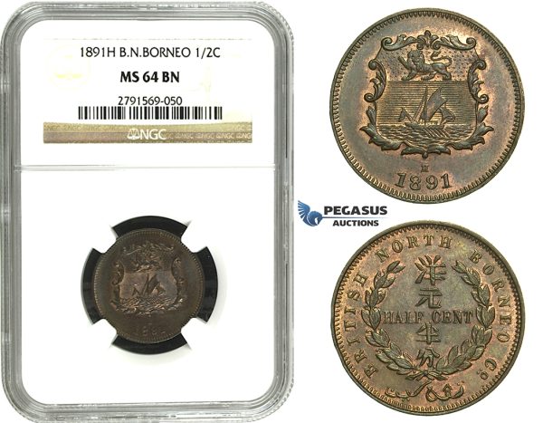 M67, British North Borneo, 1/2 Cent 1891-H, Heaton, NGC MS64BN