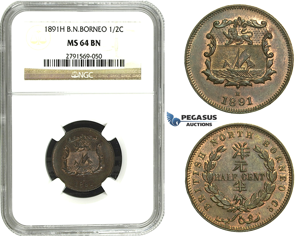 M67, British North Borneo, 1/2 Cent 1891-H, Heaton, NGC MS64BN