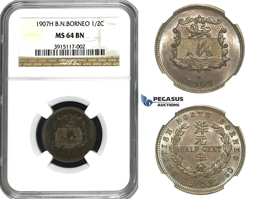 M68, British North Borneo, 1/2 Cent 1907-H, Heaton, NGC MS64BN, Rare Date!