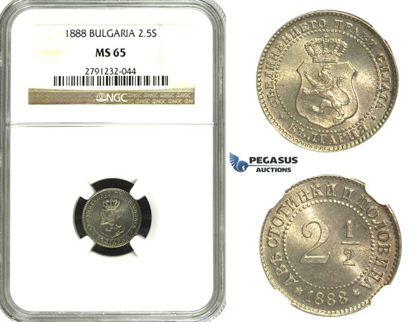M69, Bulgaria, Ferdinand I, 2-1/2 Stotinki 1888, NGC MS65