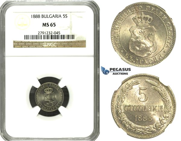 M70, Bulgaria, Ferdinand I, 5 Stotinki 1888, NGC MS65