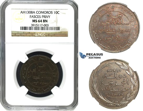M86, Comoros, 10 Centimes AH1308-A, Paris, NGC MS64BN