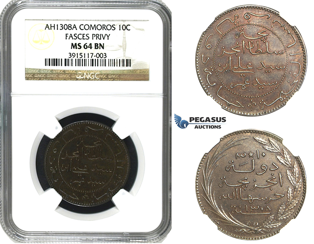 M86, Comoros, 10 Centimes AH1308-A, Paris, NGC MS64BN