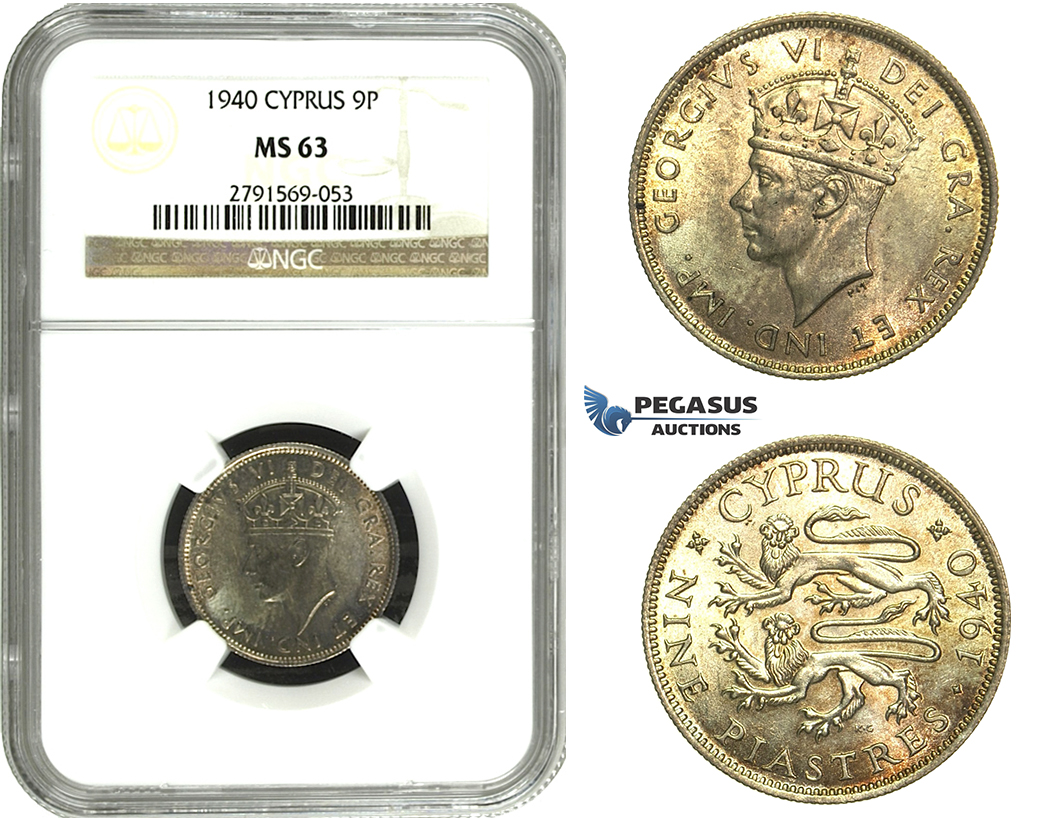 M91, Cyprus, George VI, 9 Piastres 1940, Silver, NGC MS63