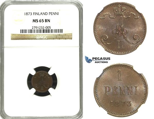 M92, Finland (under Russia) Alexander II, 1 Penni 1873, NGC MS65BN