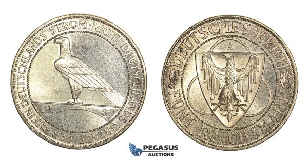 N01, Germany, Weimar, "Rhineland Liberation" 5 Reichsmark 1930-A, Berlin, Toned UNC