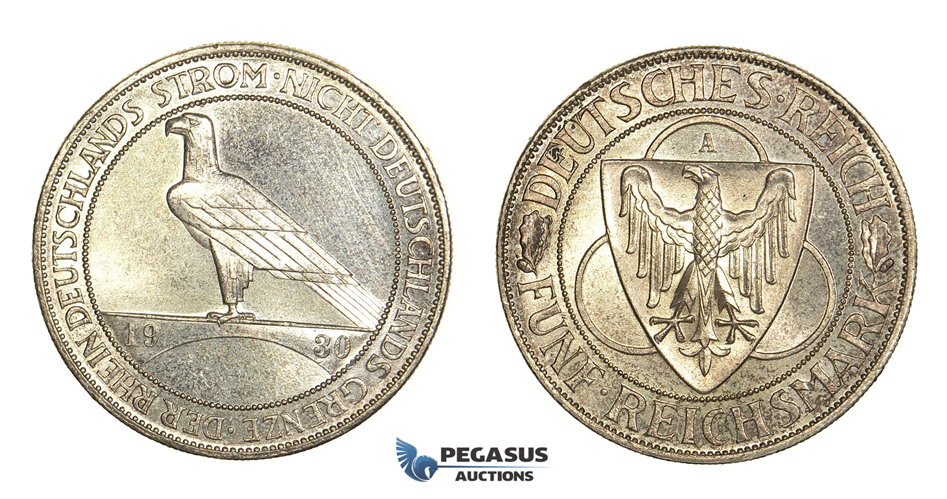 N01, Germany, Weimar, "Rhineland Liberation" 5 Reichsmark 1930-A, Berlin, Toned UNC