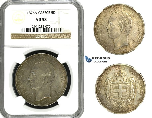 N02, Greece, George I, 5 Drachmai 1876-A, Paris, Silver, NGC AU58
