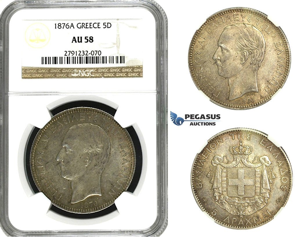 N02, Greece, George I, 5 Drachmai 1876-A, Paris, Silver, NGC AU58