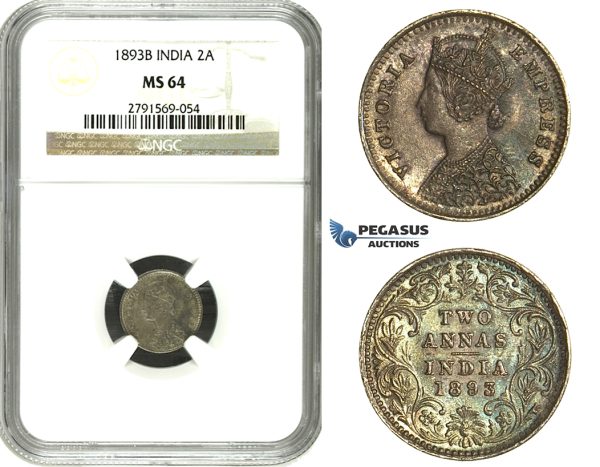 N04, India (British) Victoria, 2 Annas 1893-B, Bombay, Silver, NGC MS64 (Pop 1/1) Rainbow toning!