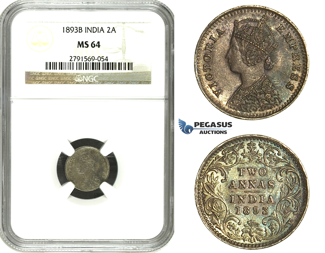 N04, India (British) Victoria, 2 Annas 1893-B, Bombay, Silver, NGC MS64 (Pop 1/1) Rainbow toning!