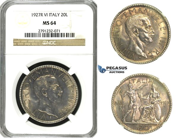 N08, Italy, V. Emanuele III, 20 Lire 1927-R (VI) Rome, Silver, NGC MS64