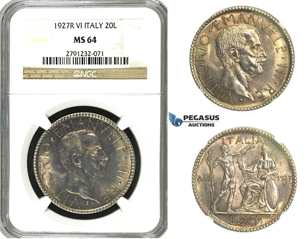 N08, Italy, V. Emanuele III, 20 Lire 1927-R (VI) Rome, Silver, NGC MS64