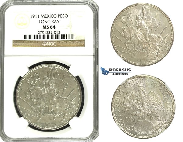 N10, Mexico, Caballito Peso 1911 (Long Ray) Silver, NGC MS64