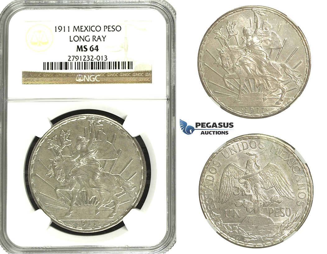 N10, Mexico, Caballito Peso 1911 (Long Ray) Silver, NGC MS64