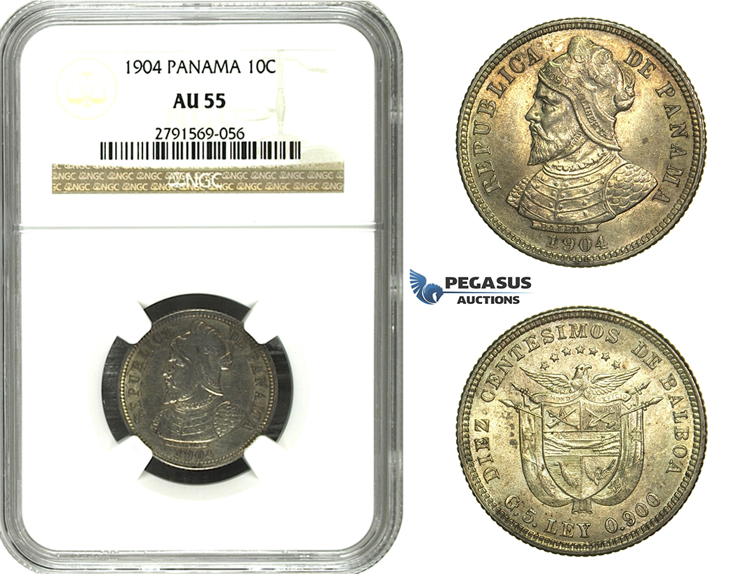 N12, Panama, 10 Centesimos 1904, Silver, NGC AU55