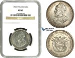 N13, Panama, 25 Centesimos 1904, Silver, NGC MS62, Fully frosted!