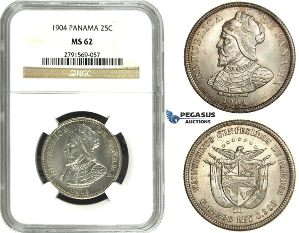 N13, Panama, 25 Centesimos 1904, Silver, NGC MS62, Fully frosted!