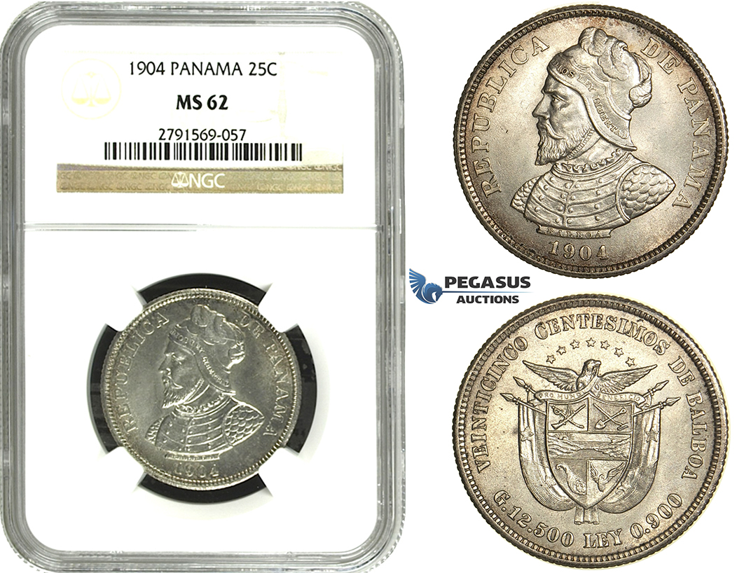N13, Panama, 25 Centesimos 1904, Silver, NGC MS62, Fully frosted!