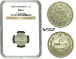 N30, Russia (Soviet Union) 15 Kopeks 1923, Silver, Leningrad, NGC MS66
