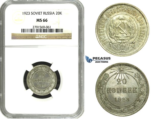 N31, Russia (Soviet Union) 20 Kopeks 1923, Silver, Leningrad, NGC MS66