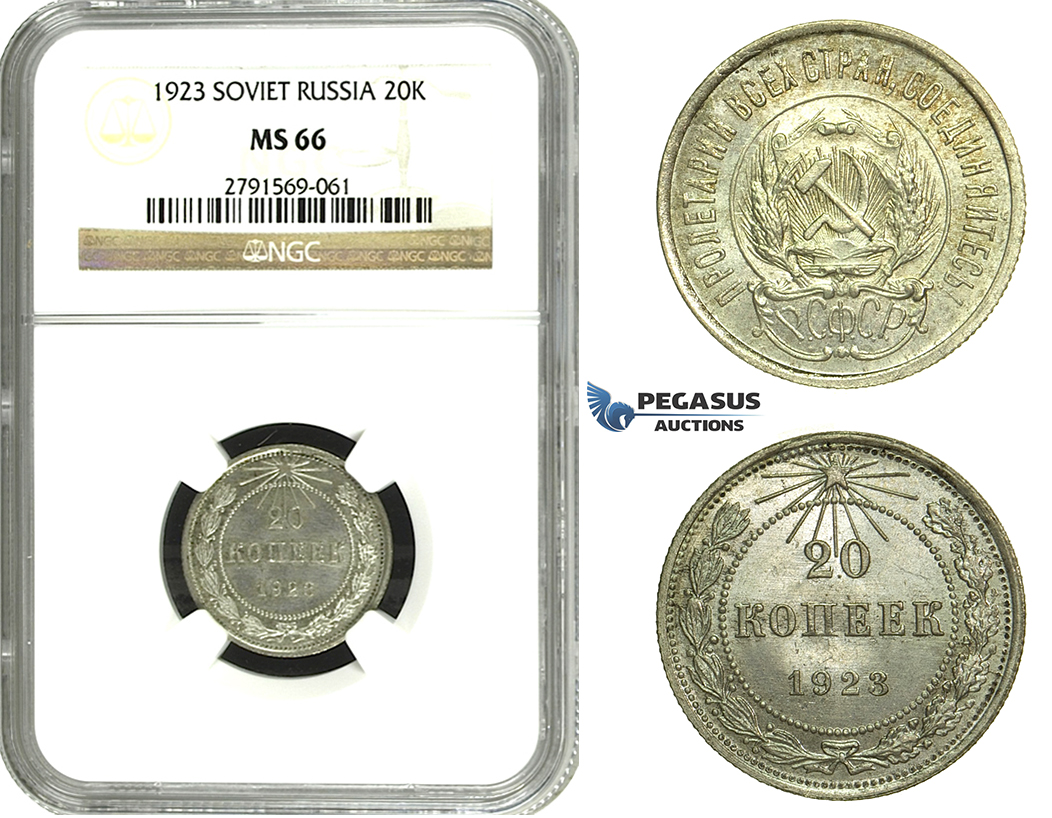 N31, Russia (Soviet Union) 20 Kopeks 1923, Silver, Leningrad, NGC MS66