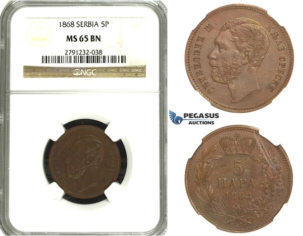 N62, Serbia, M. Obrenovic III, 5 Para 1868 (Medal Rotation) NGC MS65BN