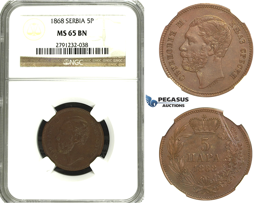 N62, Serbia, M. Obrenovic III, 5 Para 1868 (Medal Rotation) NGC MS65BN