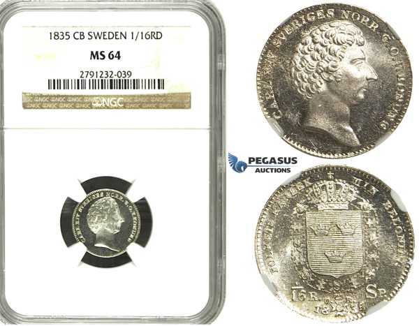 N66, Sweden, Carl XIV, 1/16 Riksdaler 1835 CB, Stockholm, Silver, NGC MS64