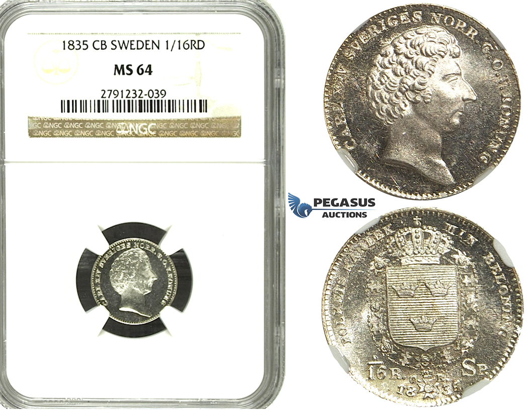N66, Sweden, Carl XIV, 1/16 Riksdaler 1835 CB, Stockholm, Silver, NGC MS64