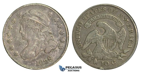 N68, United States, Capped But Dime (10 cents) 1829, Silver, Dark toning!