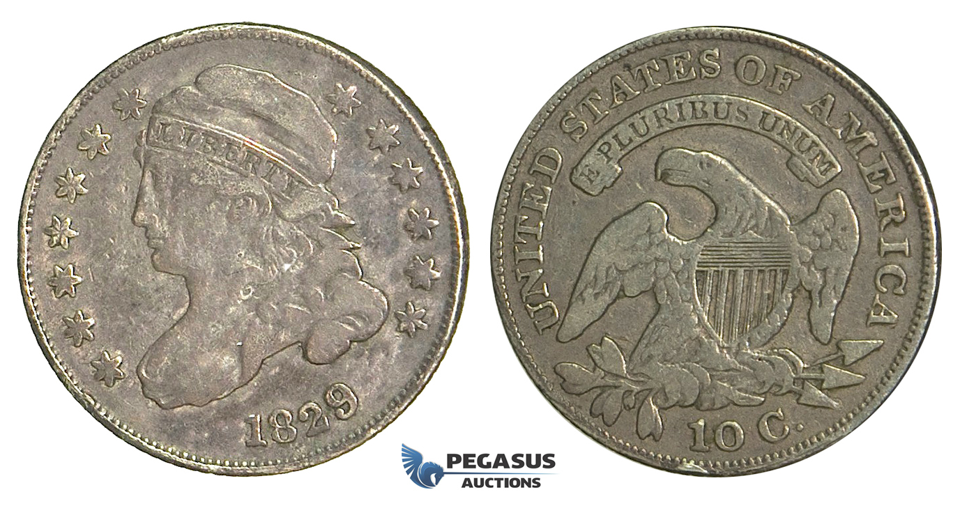 N68, United States, Capped But Dime (10 cents) 1829, Silver, Dark toning!