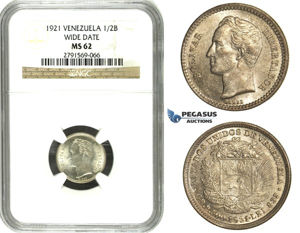 N69, Venezuela, 1/2 Bolivar 1921 Wide Date, Silver, NGC MS62, Rare!